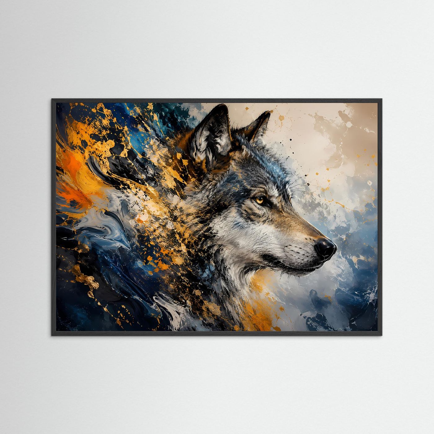 Majestätischer Wolf in Blau & Gold | Abstrakte Tierkunst & Natur Poster Querformat
