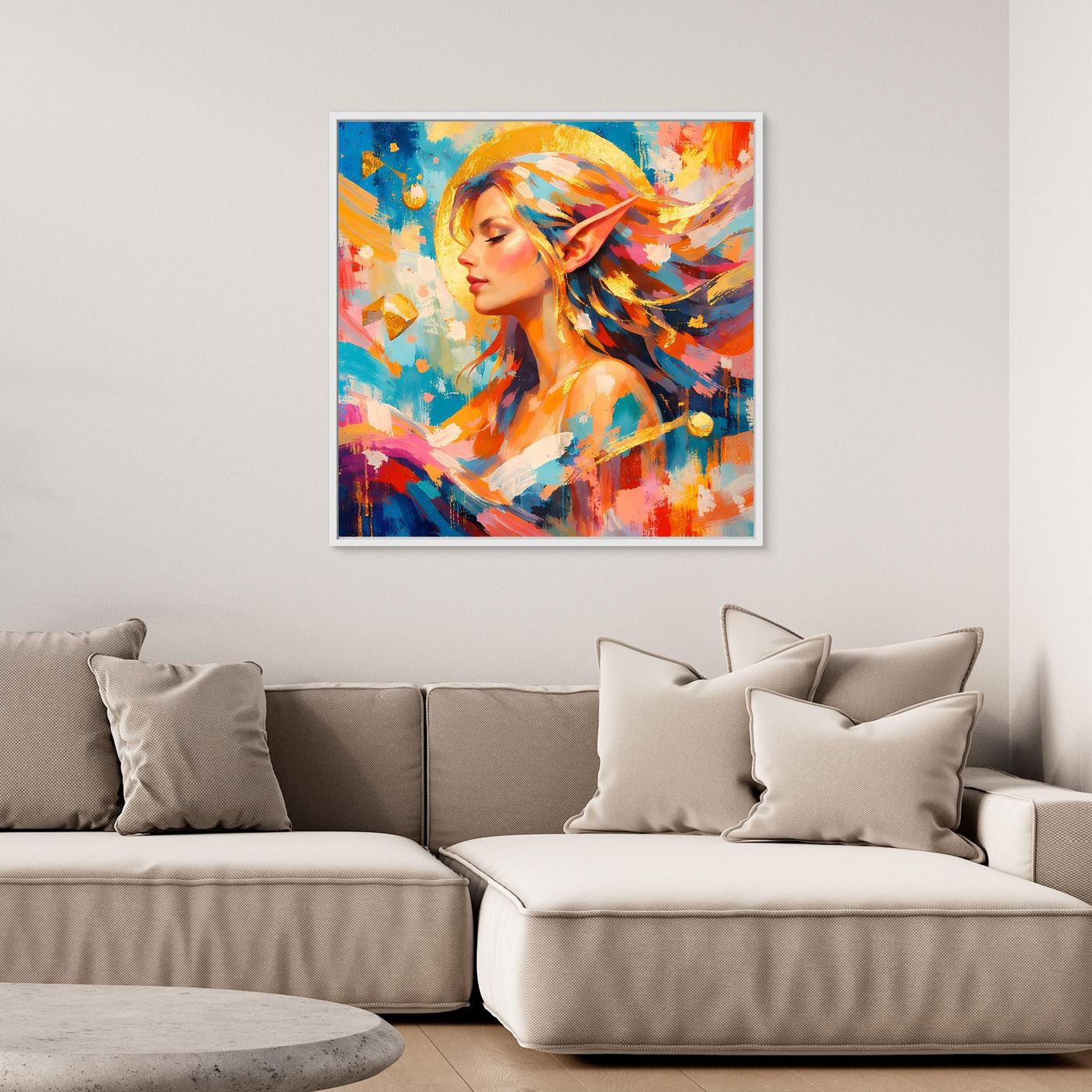 Leinwandbild mit abstrakter Elfe im Profil, bunte Fantasy-Farben, rahmenlos