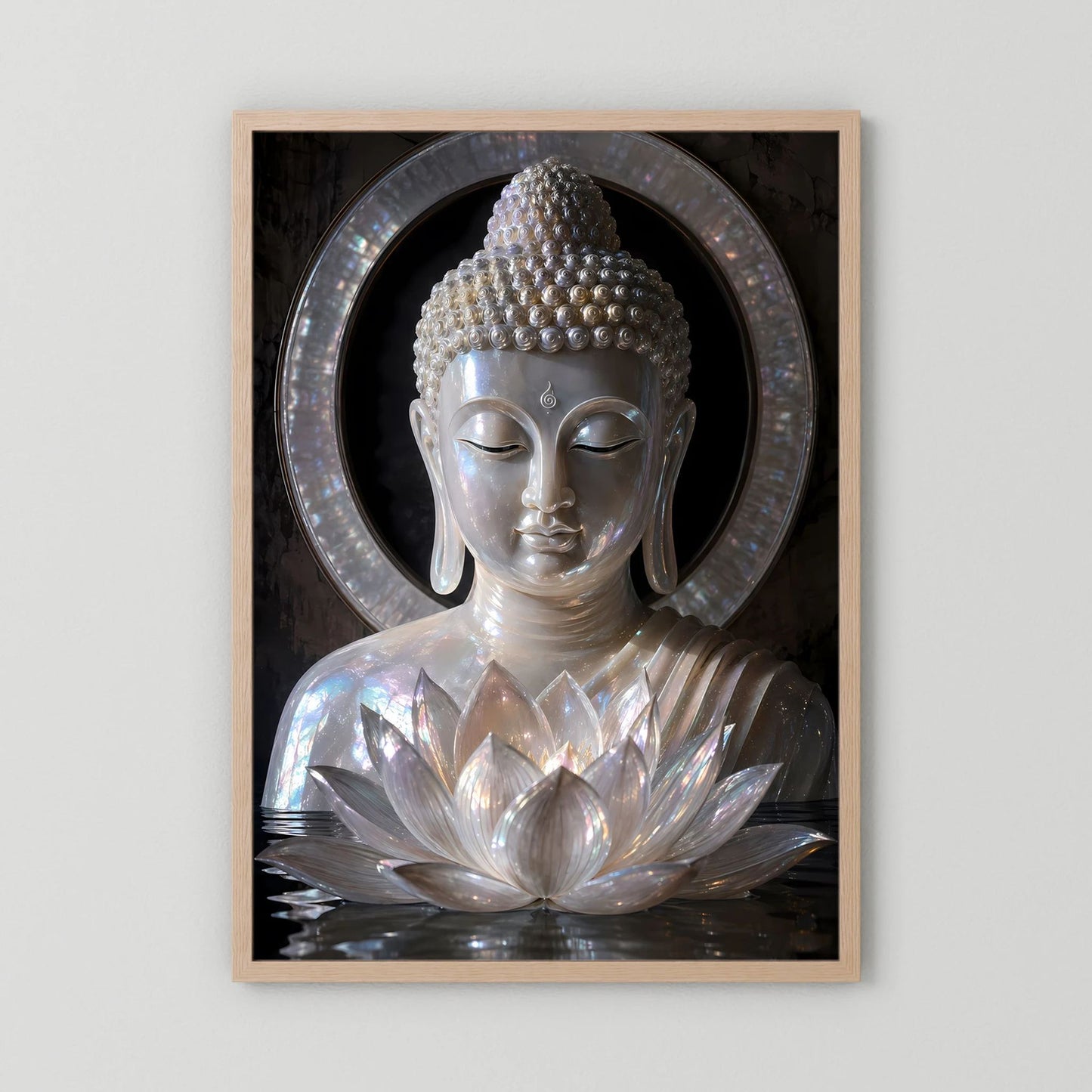 Wandposter mit silbernem Buddha im Kreis und Lotusblüten, Holzrahmen in Hellbraun
