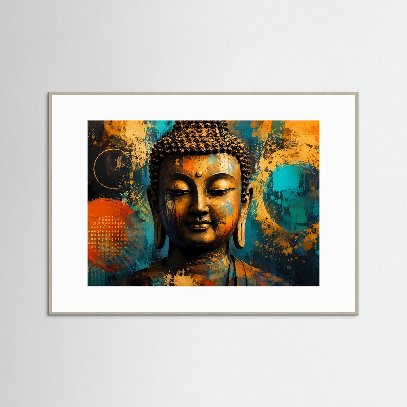Goldener Buddha mit abstrakten Kreisen | Spirituelles Zen & Mindfulness Poster im Hochformat