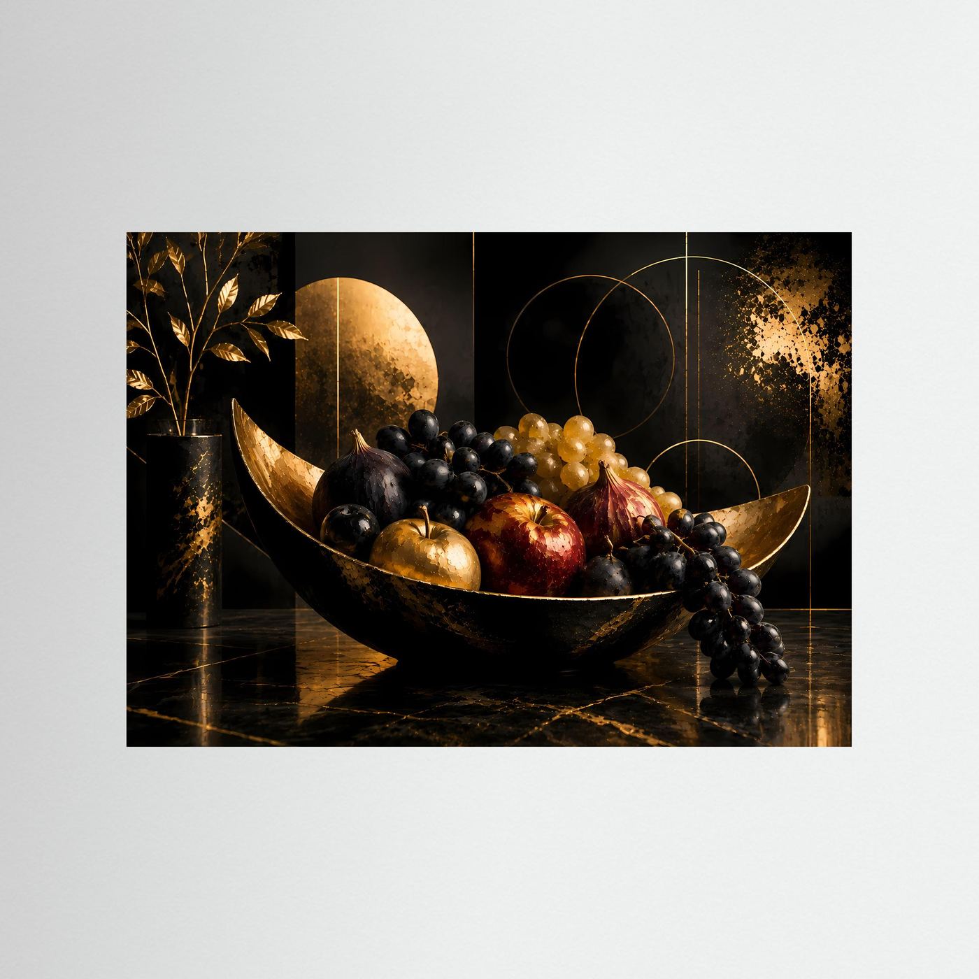 Poster Querformat mit schwarzer Obstschale, Trauben und Früchten in Schwarz-Gold