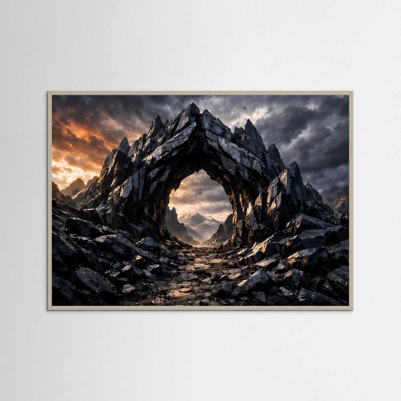 Fantasy-Poster mit Felsbogen aus dunklem Gestein, grauem Rahmen