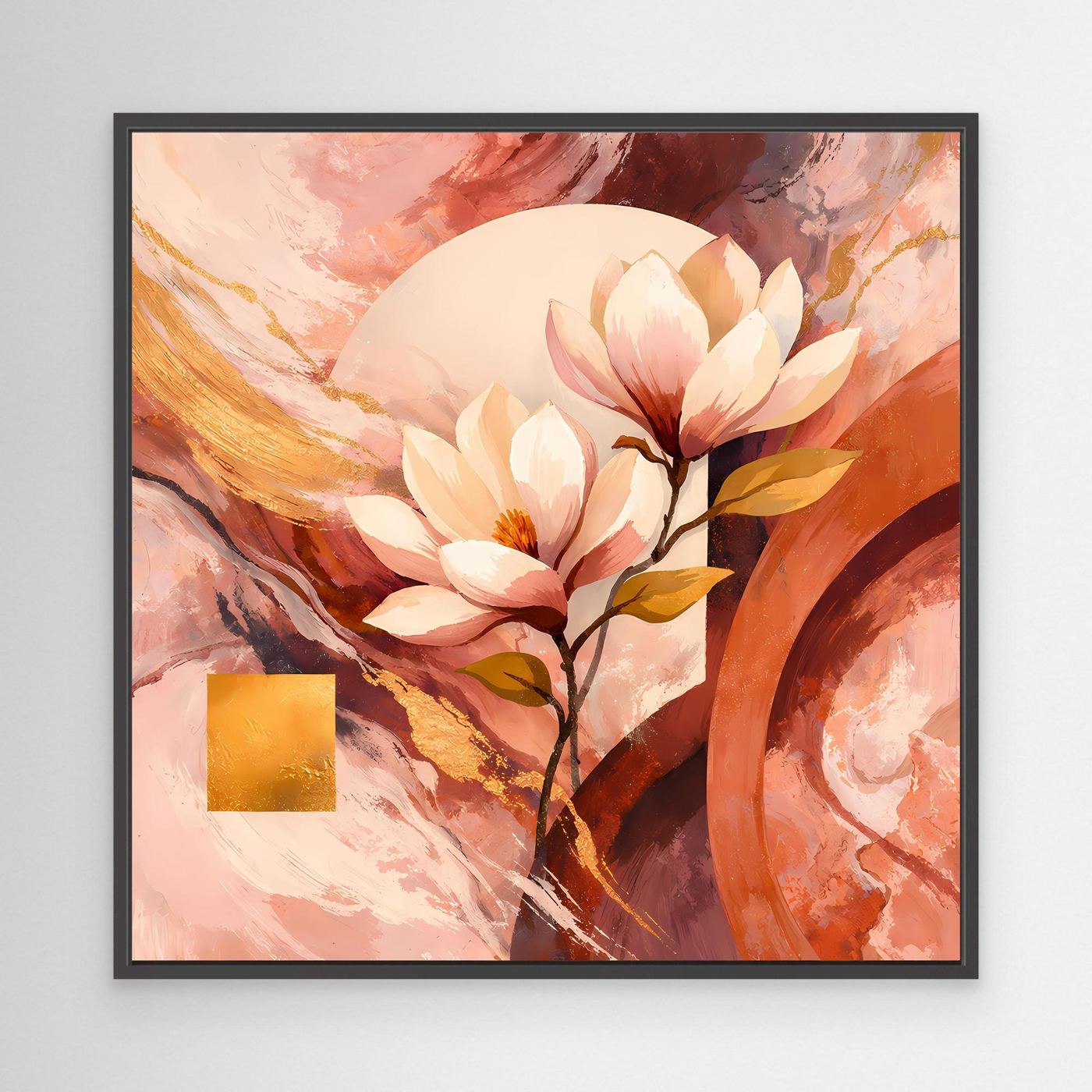 Florales Leinwandbild mit Magnolienblüten, schwarzer Rahmen, Beige-Rosa und Goldakzent