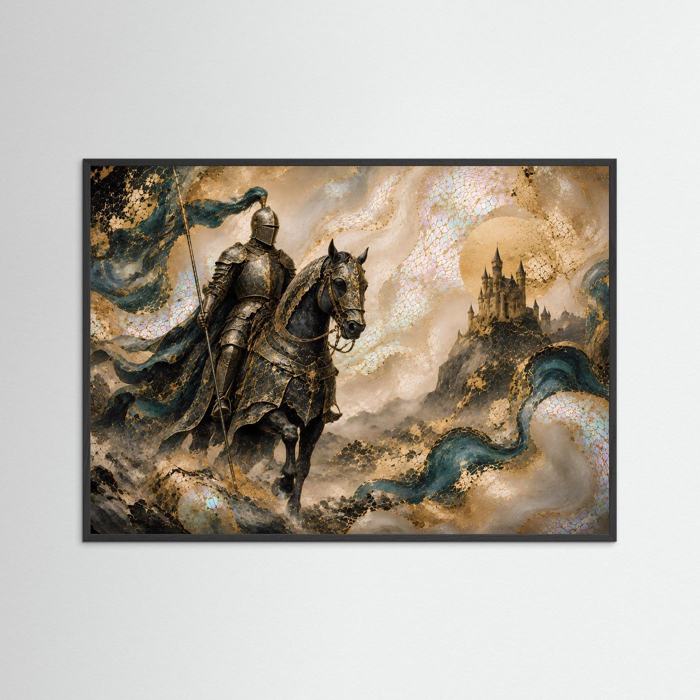 Mittelalterlicher Ritter auf Pferd | Fantasy Schloss in Gold & Petrol
