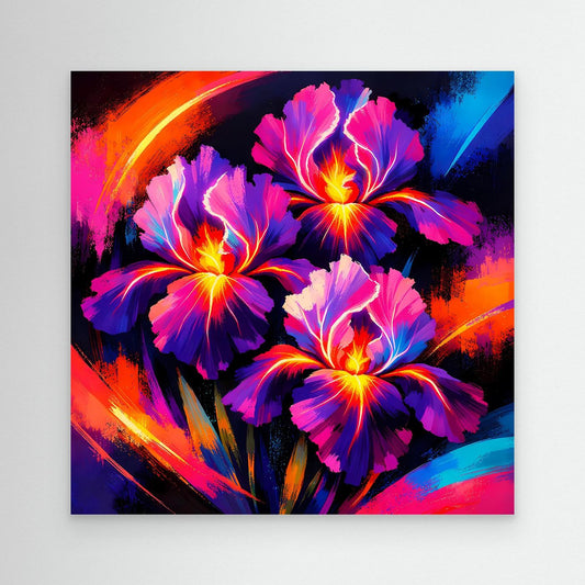 Leinwand-Wandbild mit abstrakten Irisblüten in Pink, Lila und Blau