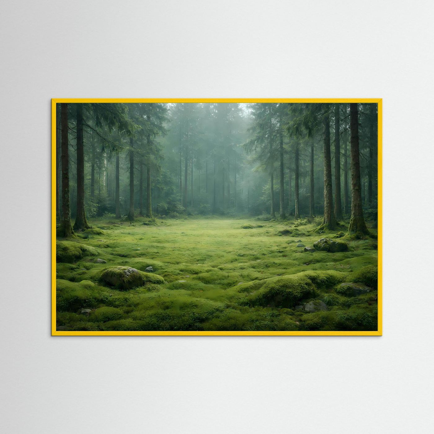 Wandbild mit Waldlandschaft und Moospolster, gelber Rahmen
