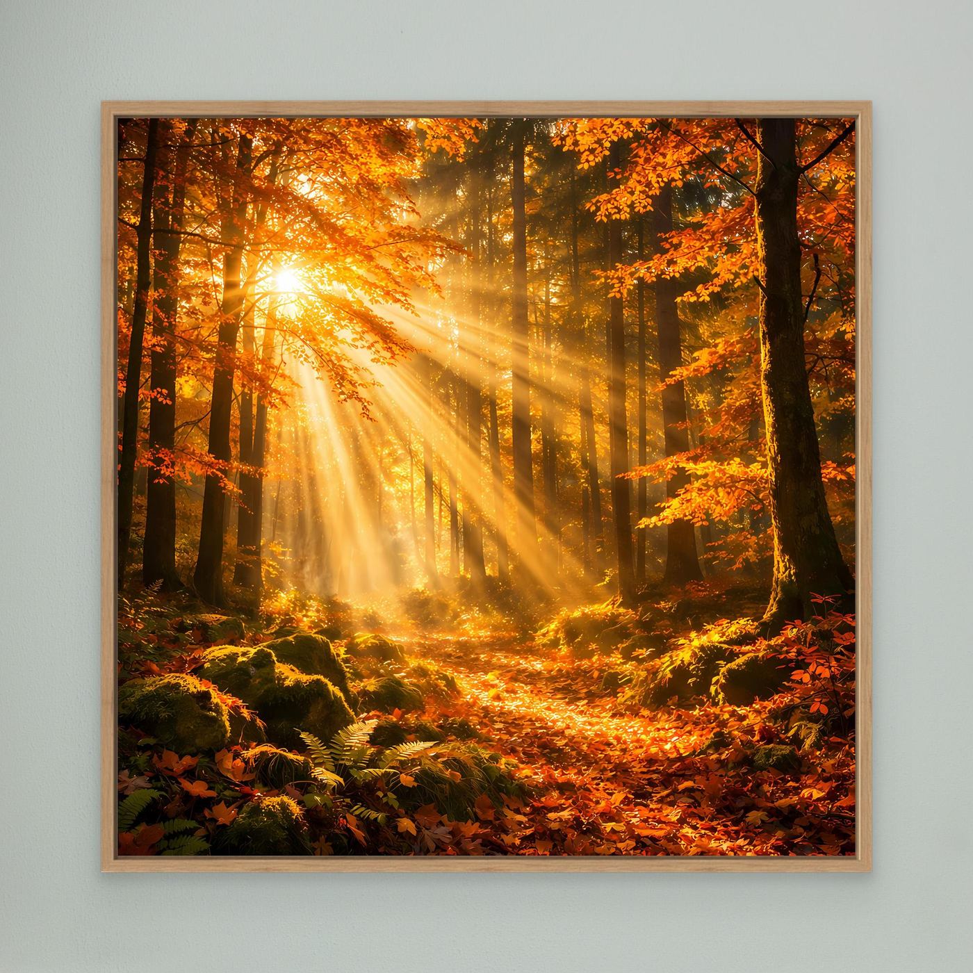 Leinwandbild Herbstwald-Motiv im Eichenrahmen mit Sonnenstrahlen durch Bäume