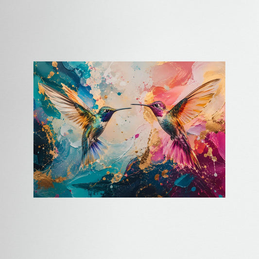 Un-rahmtes Wandbild mit zwei farbigen Kolibris im abstrakten Farbverlauf