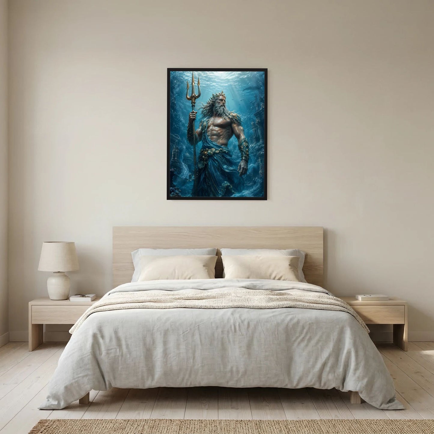 Hochformat-Poster mit Poseidon, Dreizack in der Unterwasserwelt, blaues Motiv