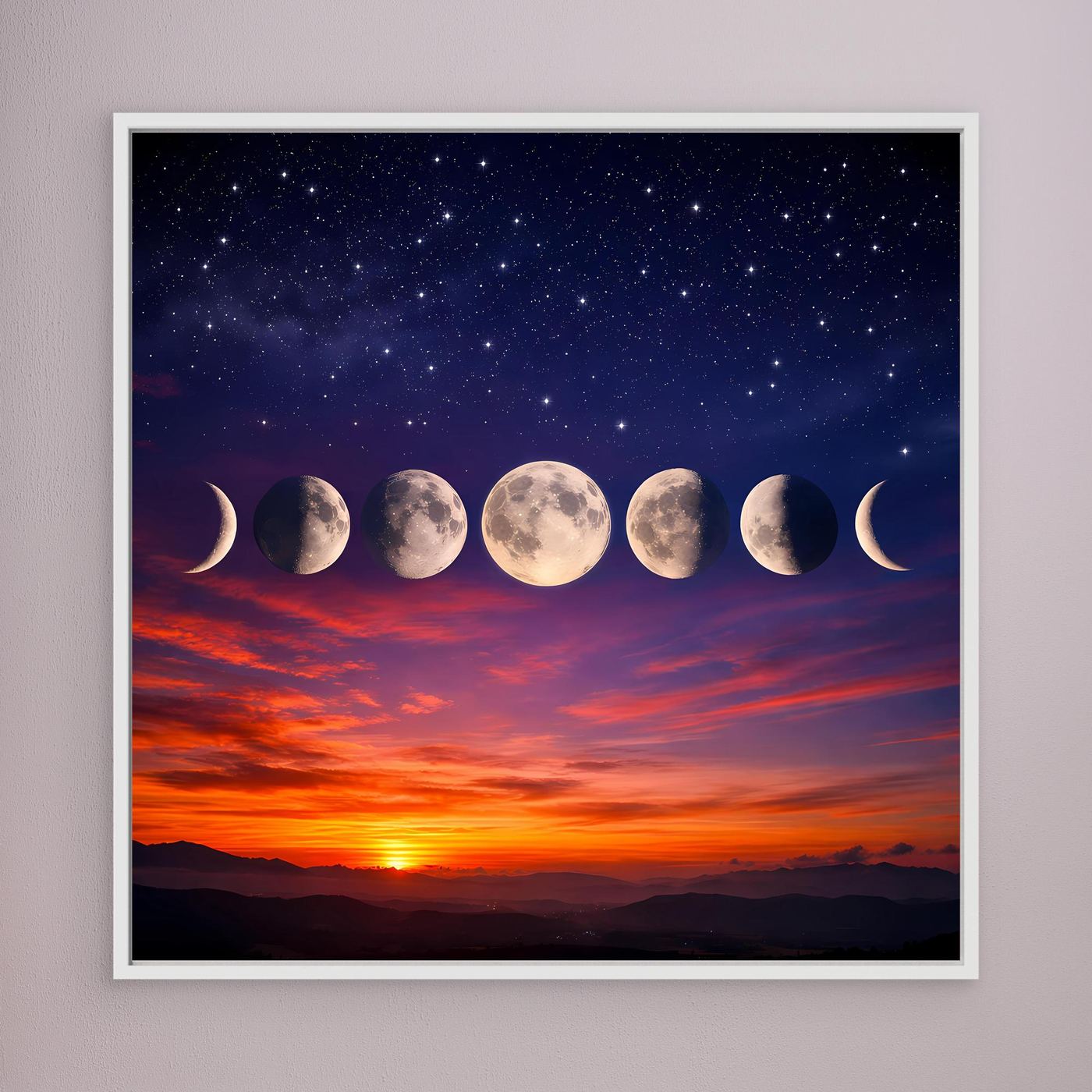 Leinwandbild mit Mondphasen über Sternenhimmel und Sonnenuntergang, weißer Rahmen