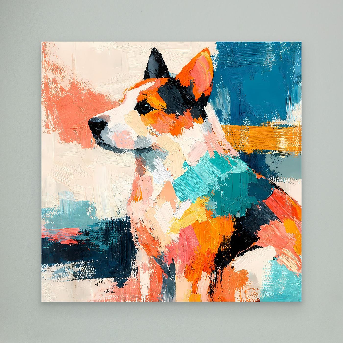 Leinwand-Wandbild mit abstraktem Hund im Pop-Art-Stil, ohne Rahmen, Blick auf Motiv