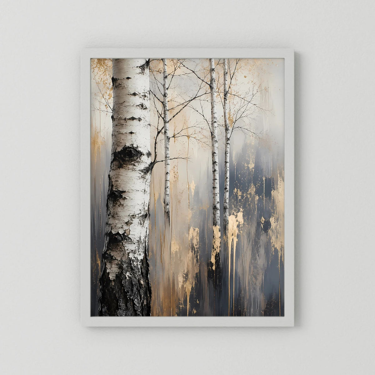 Hochformat-Poster mit Birkenwald-Motiv, weißer Rahmen, Birken in Weiß und dunklem Grau.