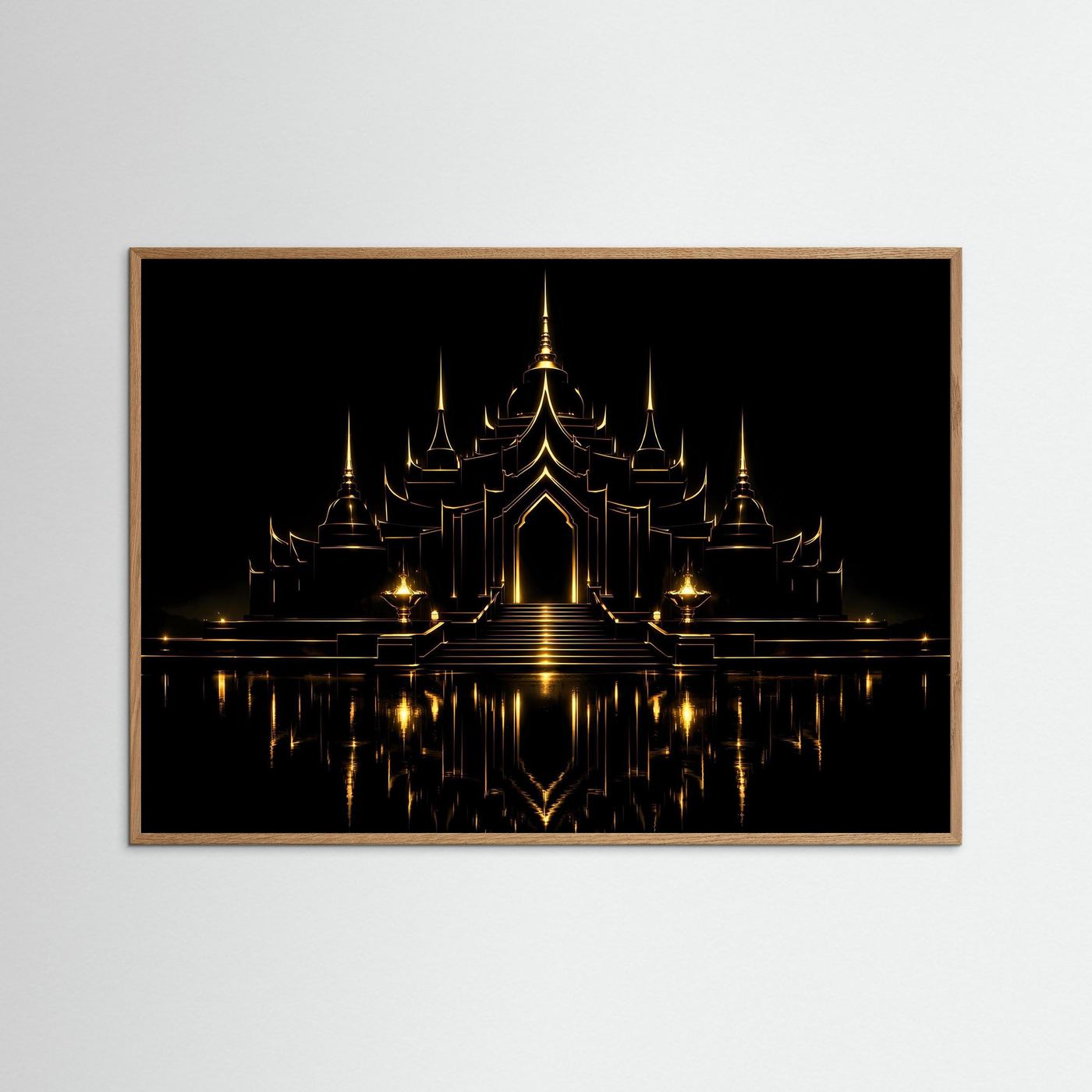 Wandbild mit goldener Tempel-Architektur und Spiegelung auf dunklem Hintergrund, brauner Rahmen