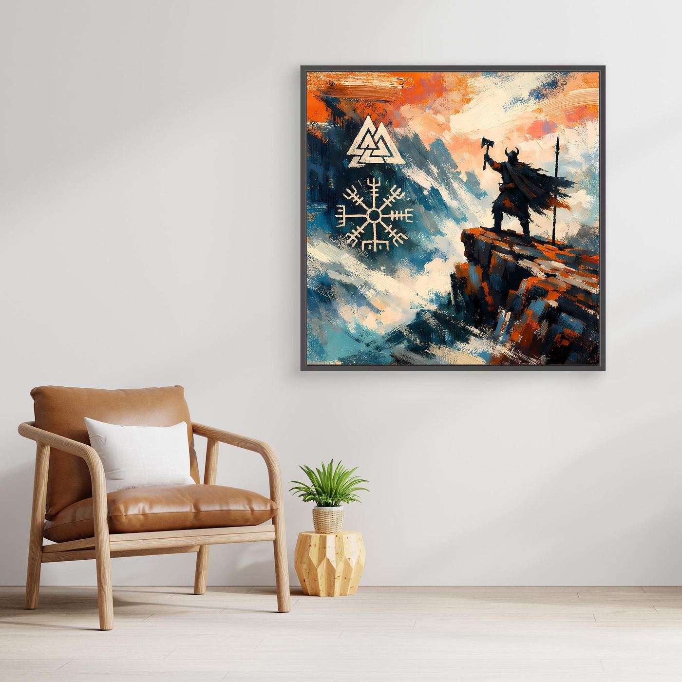Gerahmtes Leinwand-Wandbild mit Wikingermotiv und Vegvisir, dunkler Rahmen