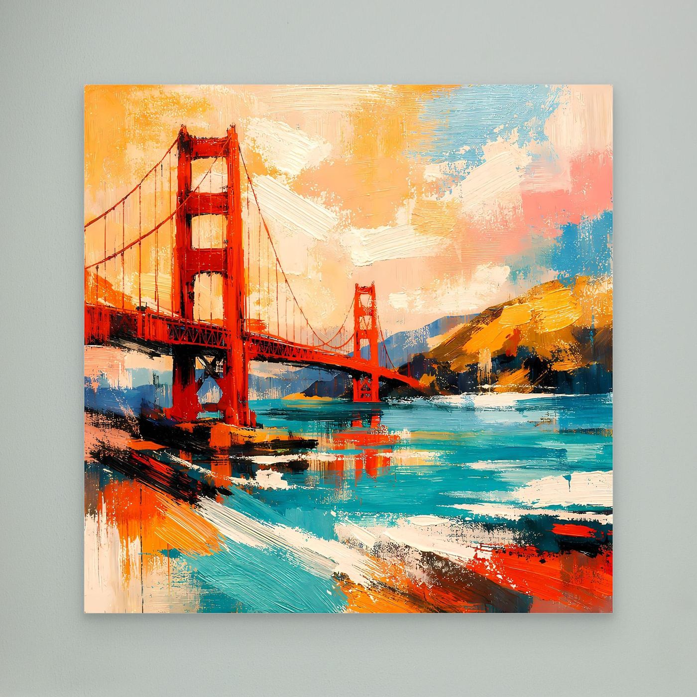 Abstract canvas wall art with bridge-style structure, orange red and blue paint strokes