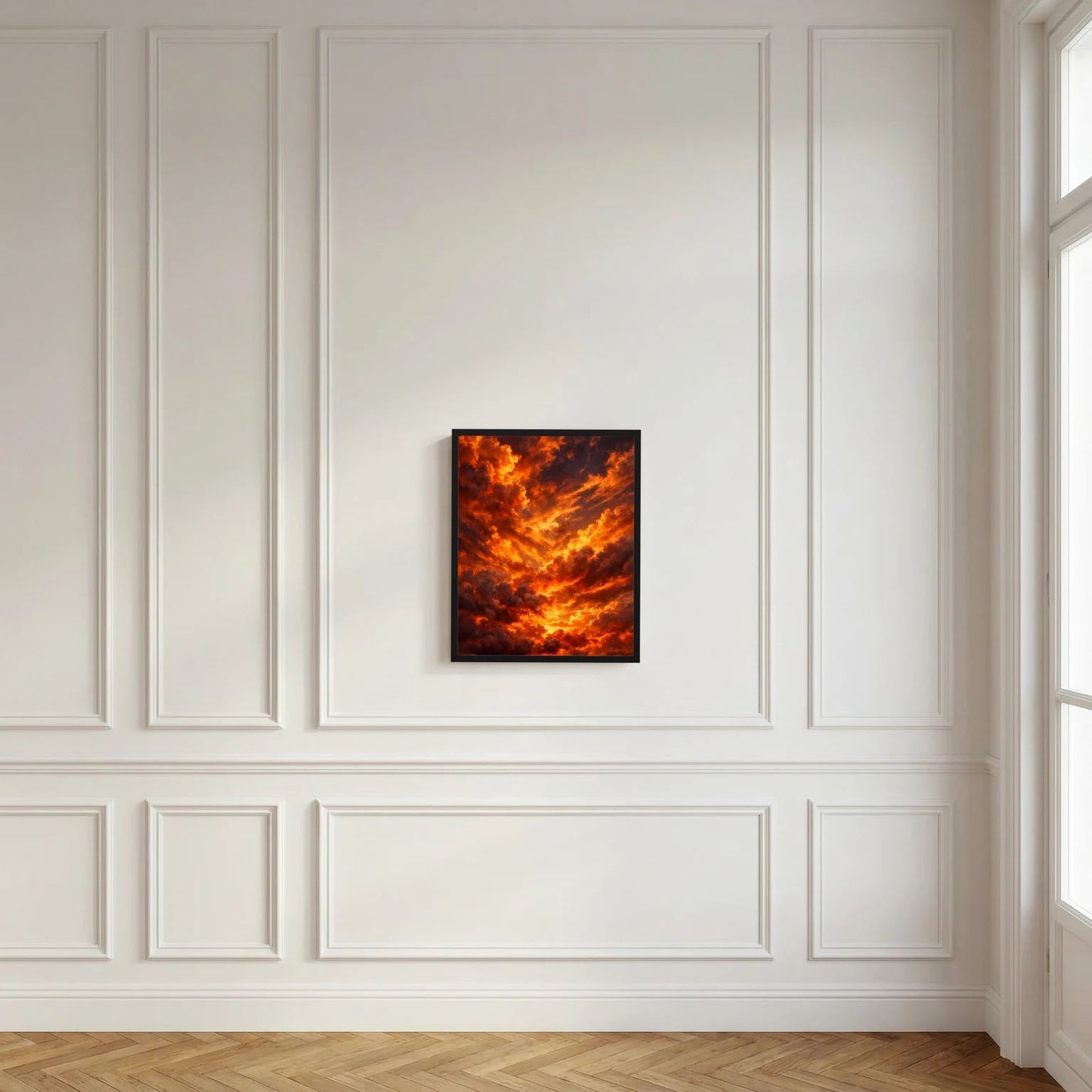 Kleines quadratisches Wandbild mit dramatischen Wolken in Orange und Rot, schwarzer Rahmen