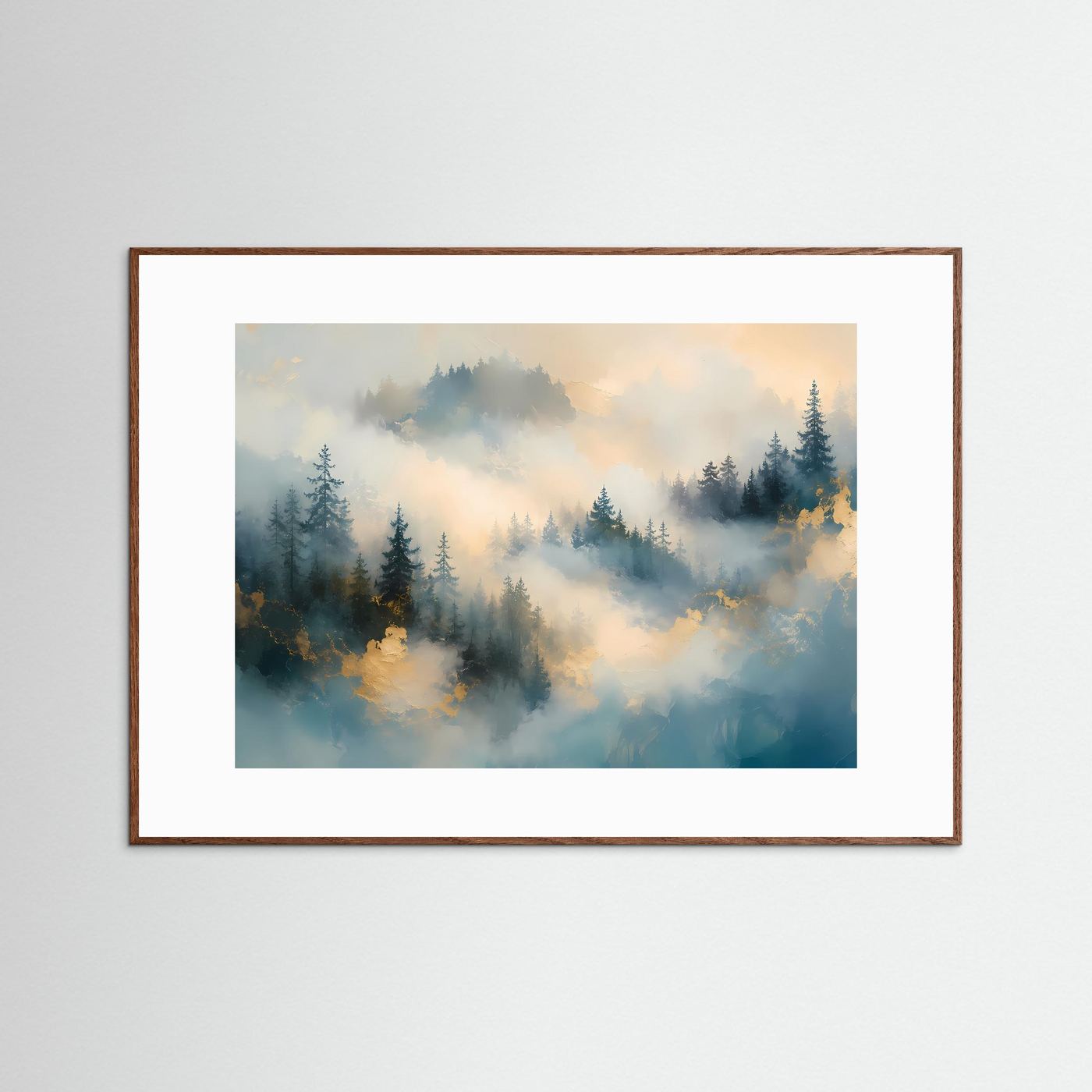 Nebelwald Poster | Mystischer Wald Wandbild | Abstrakte Landschaftskunst in Gold und Blau