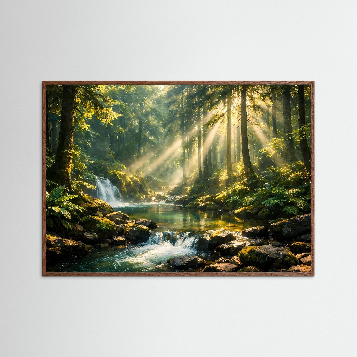 Sonnenstrahlen im Zauberwald mit Wasserfall | Panorama Wald & Natur Poster Querformat
