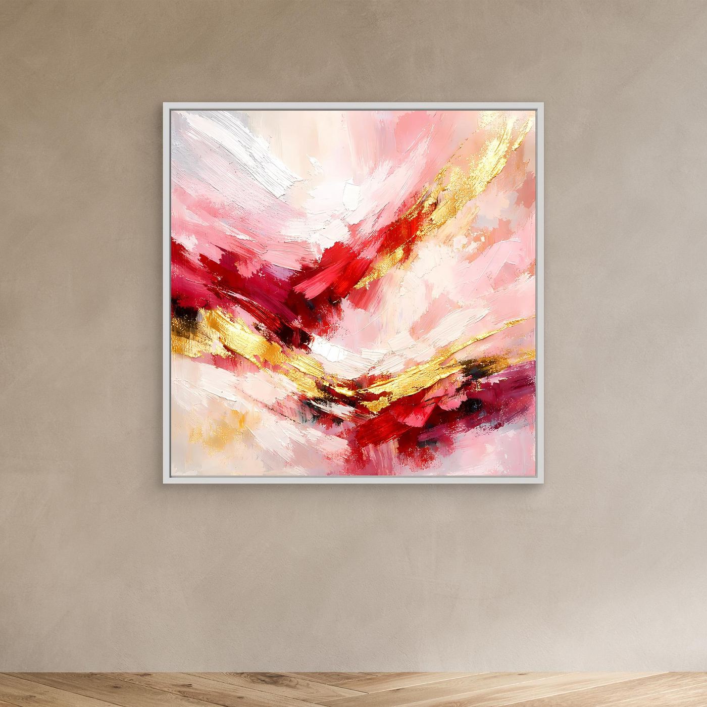 Abstraktes Leinwandbild mit rosa-roten Pinselstrichen und goldenen Akzenten, weißer Rahmen