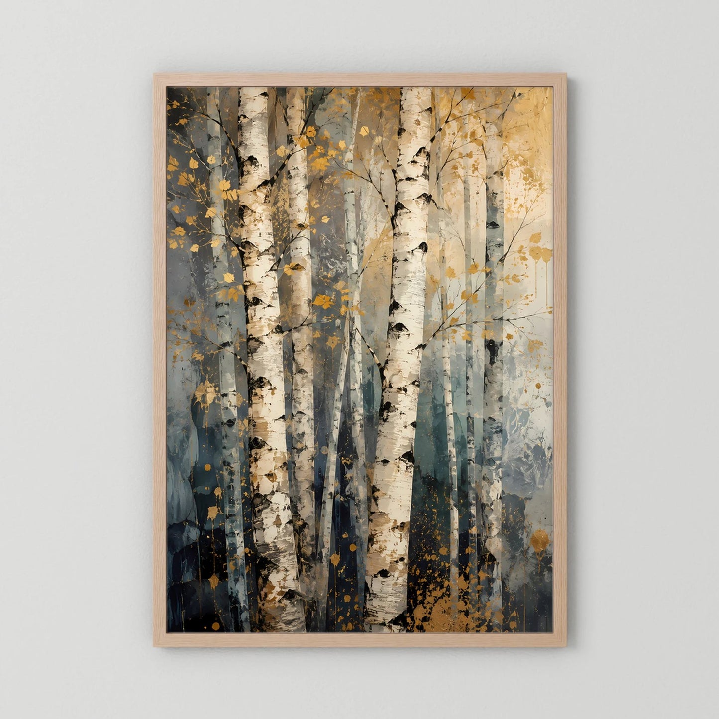 Hochformatiger Posterprint mit abstrakten Birkenstämmen in Beige, Grau und Blau, Holzrahmen