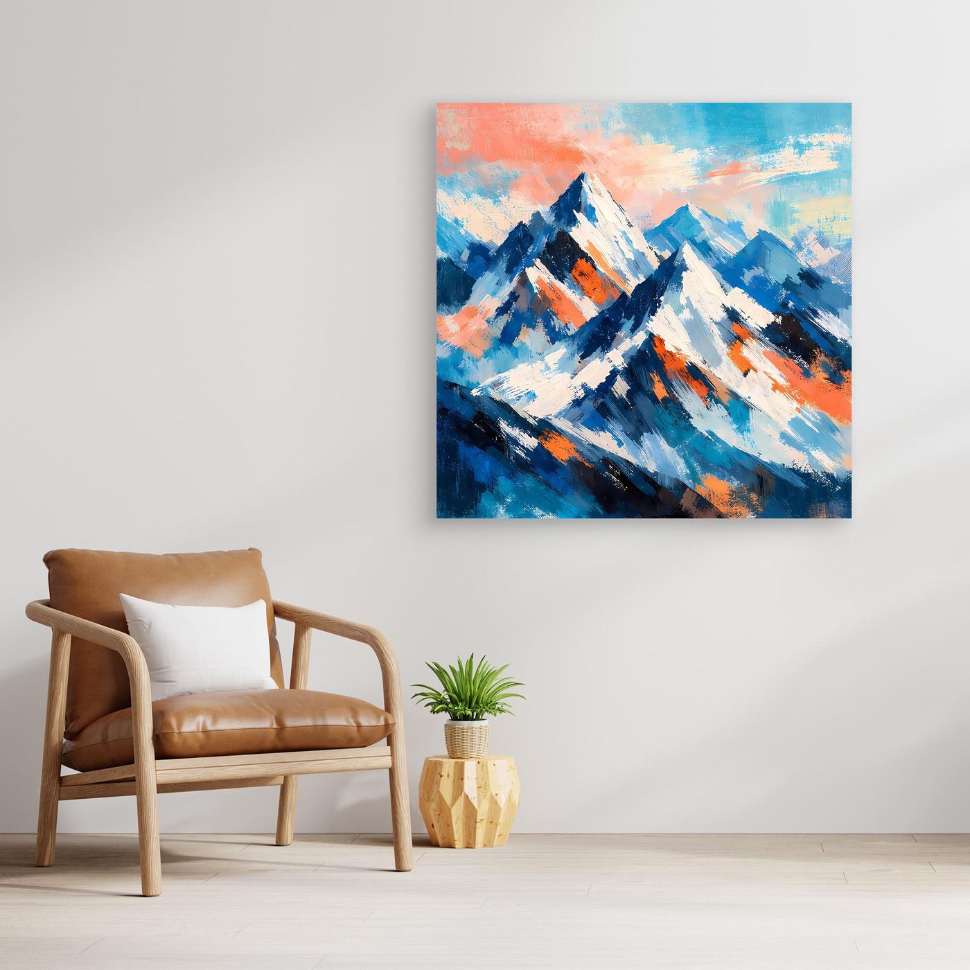 Abstraktes Leinwand-Wandbild mit impressionistischen Schneebergen in Blau und Orange, ohne sichtbaren Rahmen