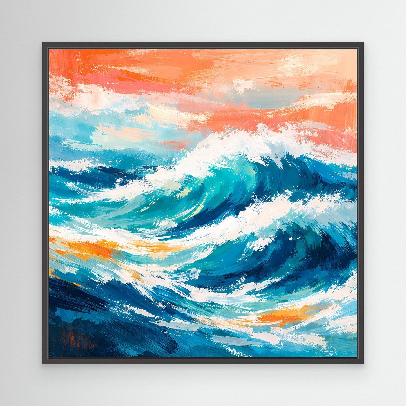 Leinwand-Wandbild mit türkisblauer Meereswelle, orange Himmel, schwarzer Rahmen