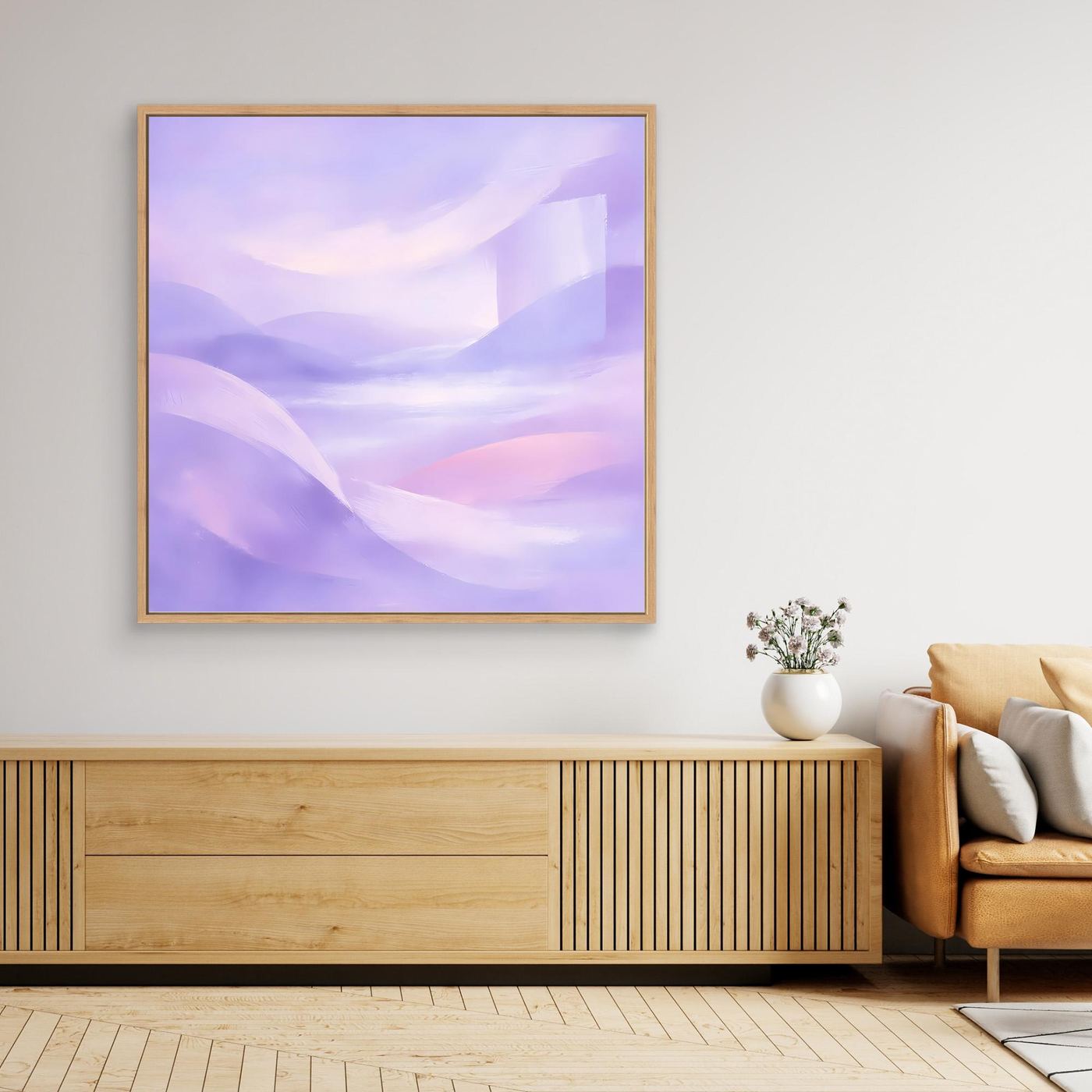 Leinwandbild mit abstraktem Pastellmotiv in Violett und Rosa, mit Holzrahmen