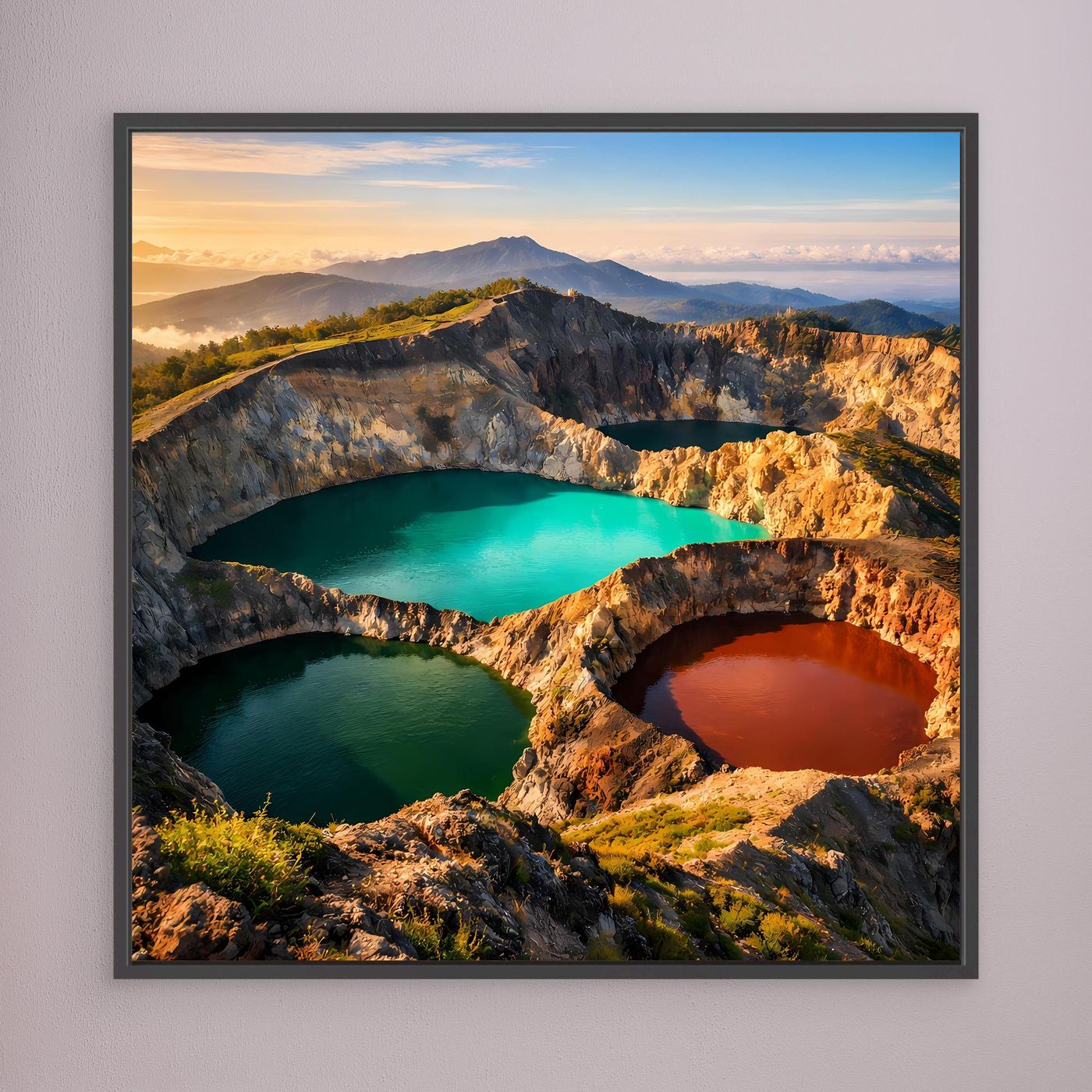 Leinwandbild mit Vulkankratern und drei farbigen Seen: türkis, dunkelgrün und orange-rot, dunkelgrau gerahmt.