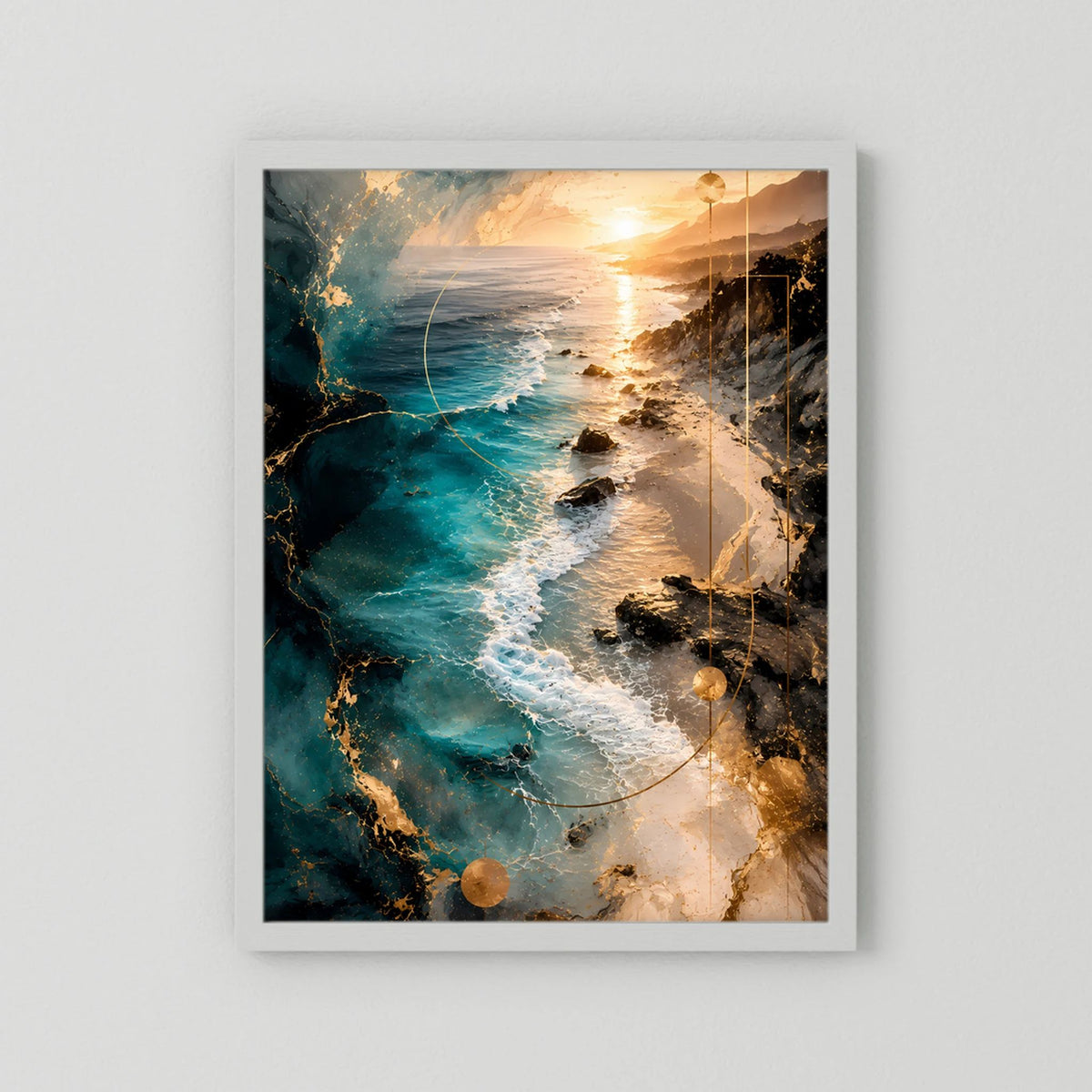 Hochformat-Poster mit weißem Rahmen und abstrakter Küste in Türkis und Gold