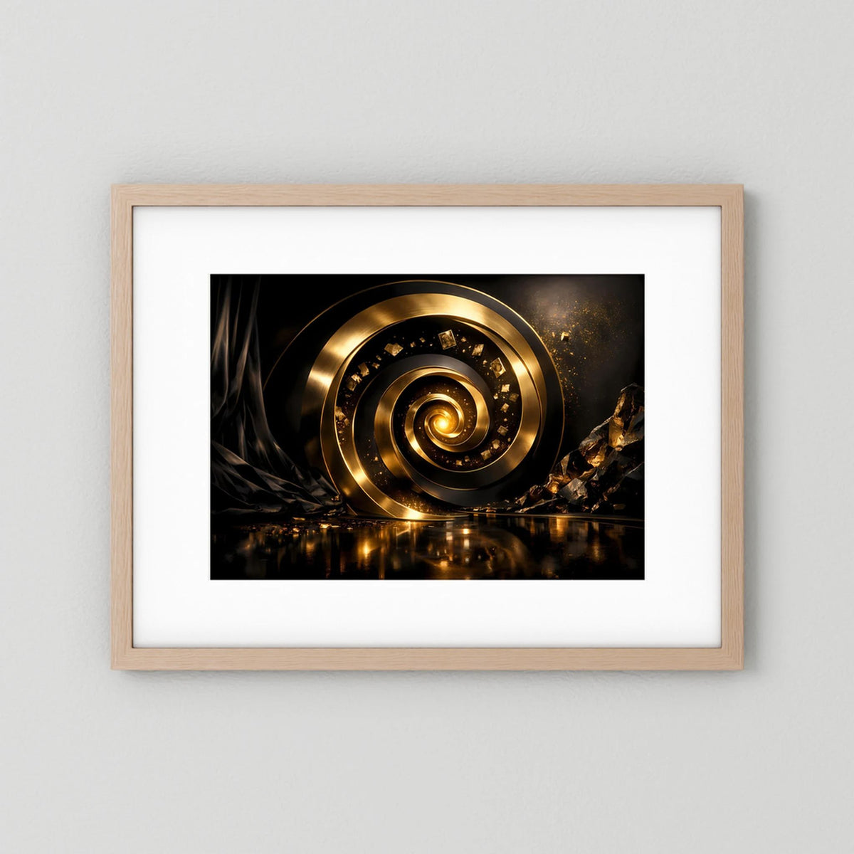 Wandbild mit goldener 3D-Spirale im schwarzen Hintergrund, im hellen Holzrahmen