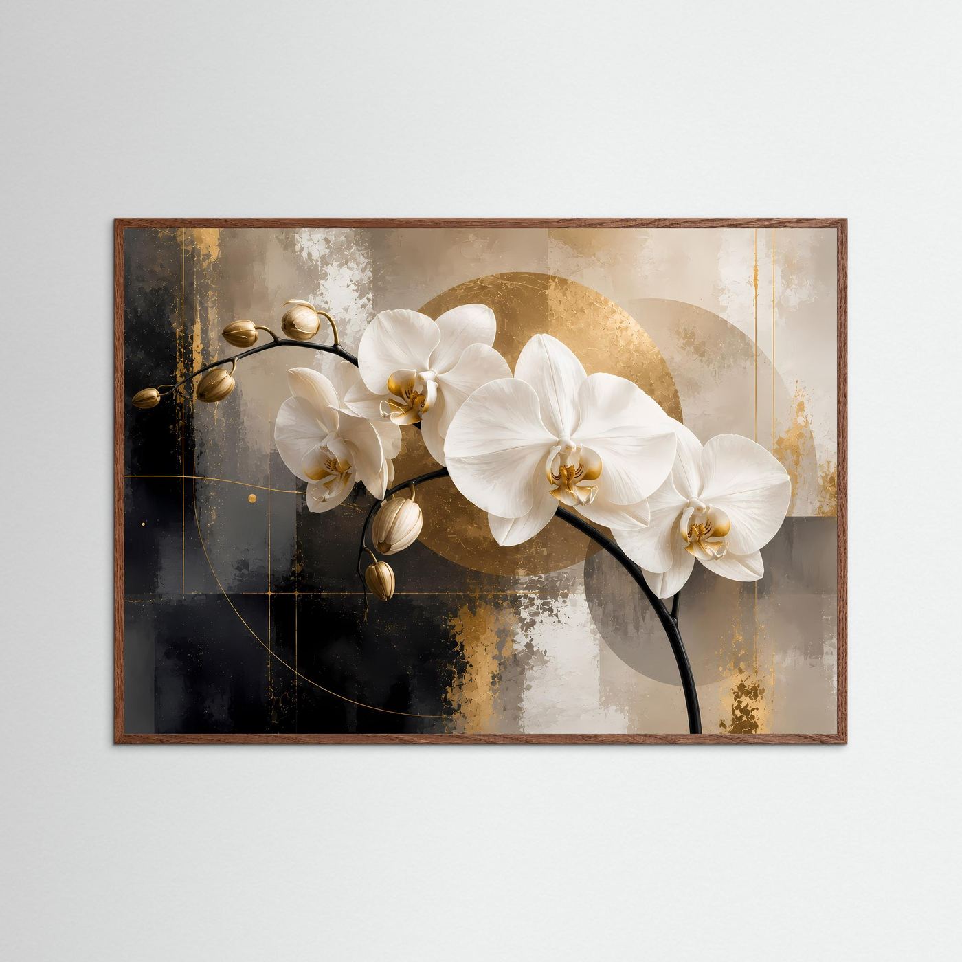 Orchideenbild im Querformat mit dunklem Eichenrahmen: weiße Orchideenblüten, gold-schwarz