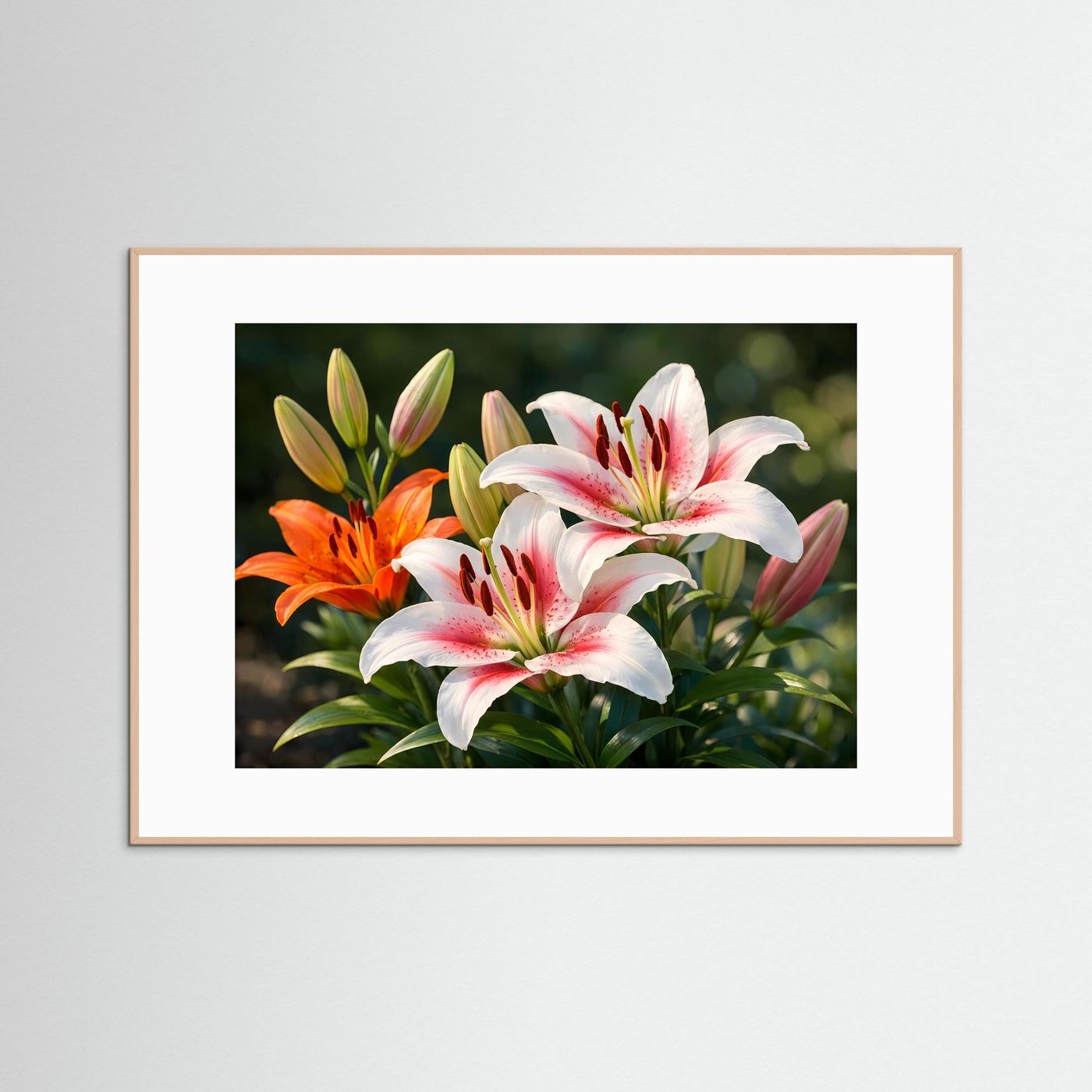 Panorama-Poster mit weißen, rosa und orangefarbenen Lilien im hellbraunen Holzrahmen