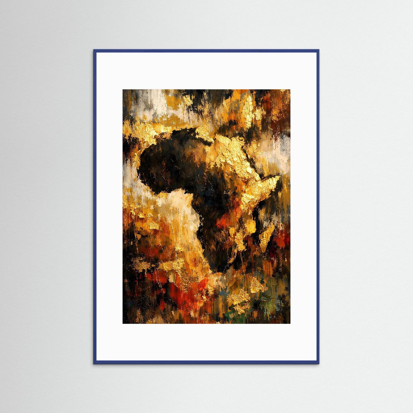 Hochformatiges Afrika-Kunstposter mit blauem Rahmen und abstrakter Kontinentgrafik in Gold/Schwarz