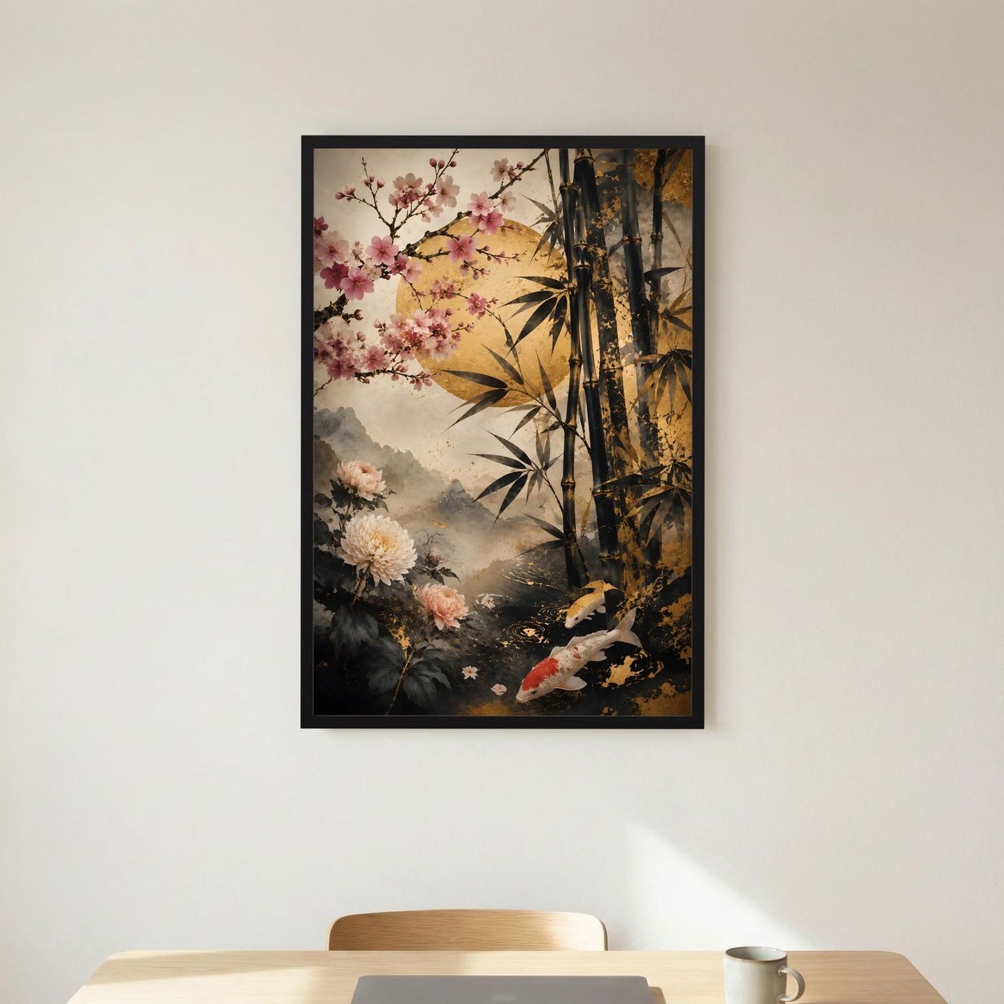 Japanposter Hochformat mit Koi, Kirschblüten und Bambus im Schwarz-Gold-Look, schwarzer Rahmen