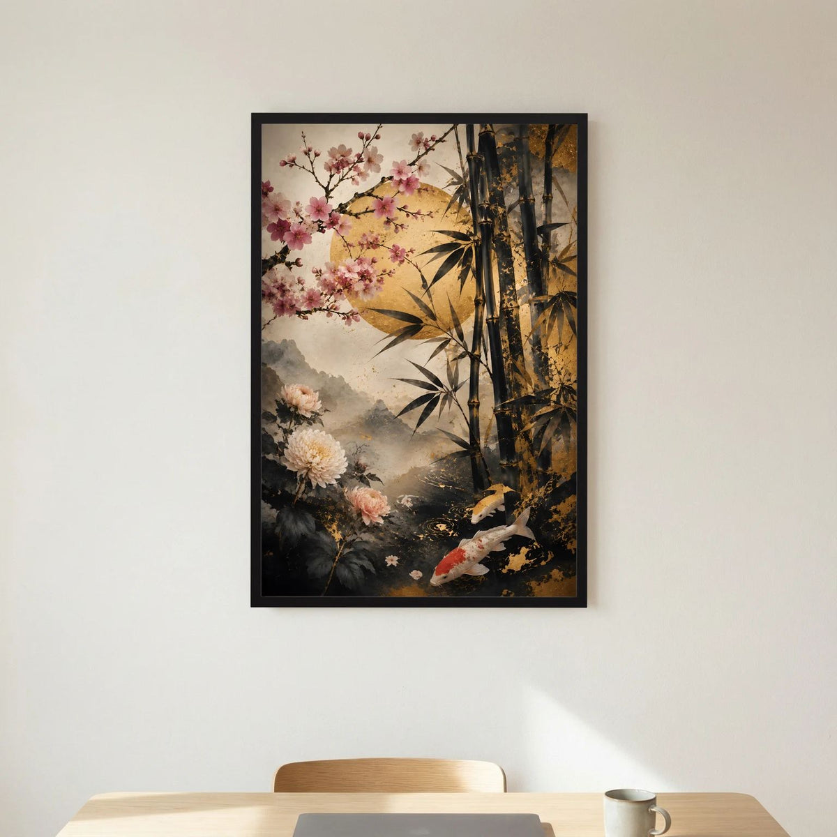 Japanposter Hochformat mit Koi, Kirschblüten und Bambus im Schwarz-Gold-Look, schwarzer Rahmen
