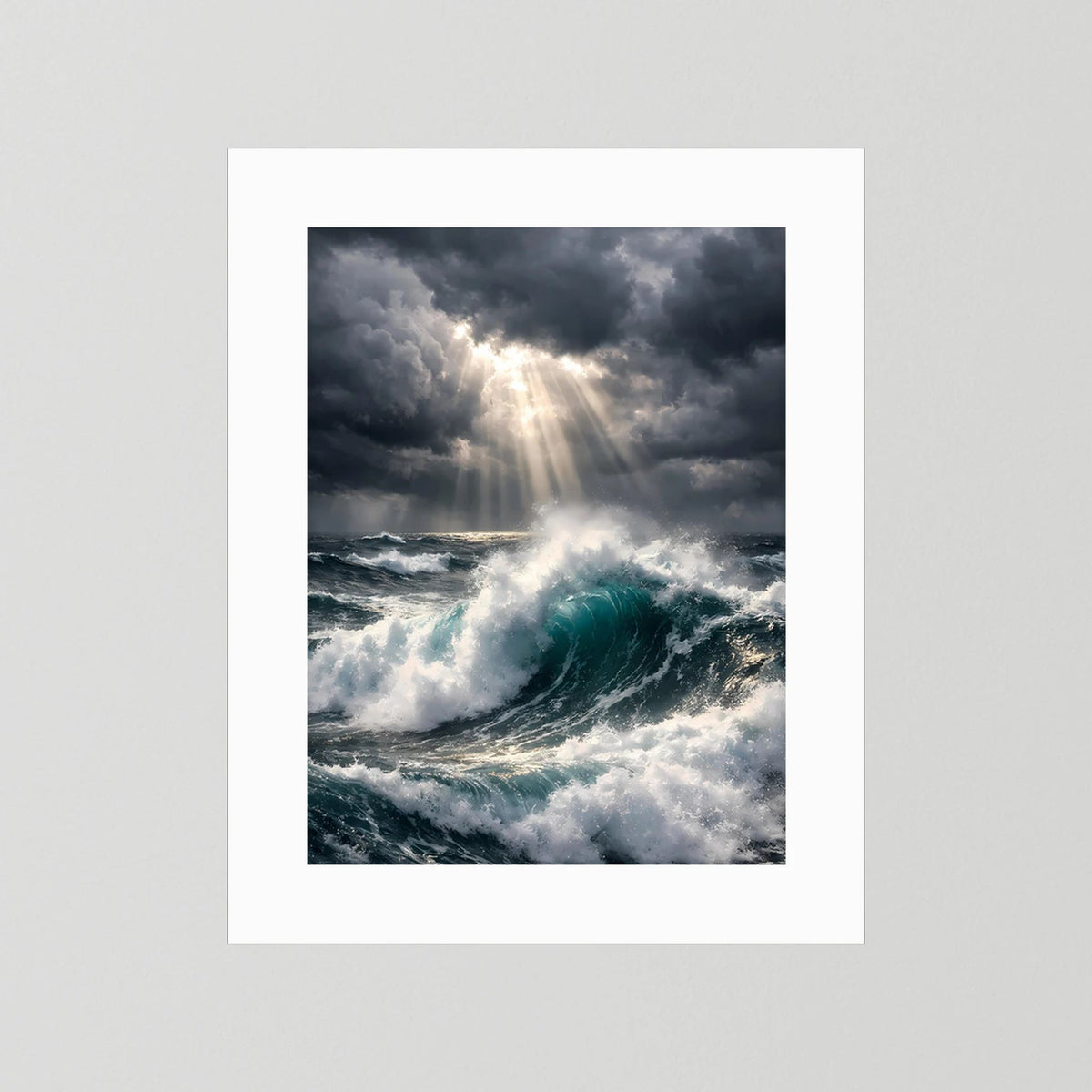 Wandbild im Hochformat mit weißem Rahmen: stürmisches Meer mit Lichtstrahlen