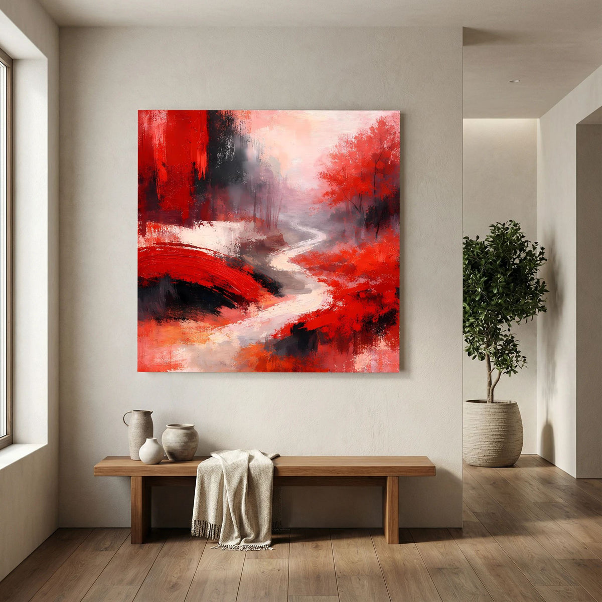 Leinwand-Wandbild mit rotem Brückenbogen und nebligem Grauschleier, abstrakte Textur