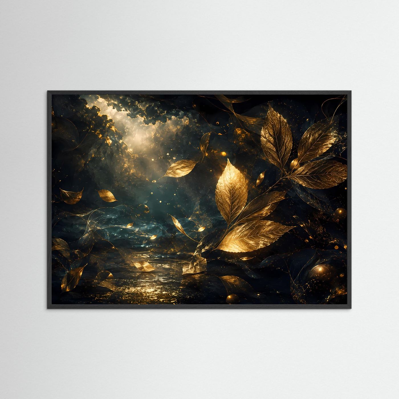 Rechteckige Wandkunst mit goldenen Blattformen und strahlendem Licht, schwarzer Rahmen