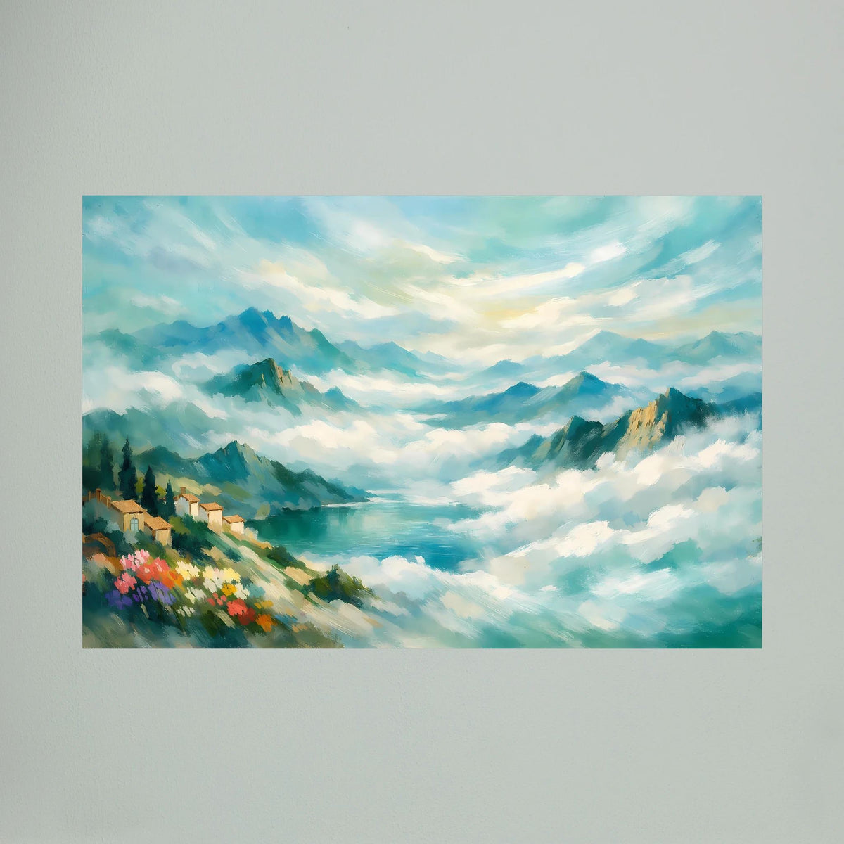 Wandbild mit bergiger Landschaft im Nebel, türkisfarbene Gewässer und Wolken, Querformat.