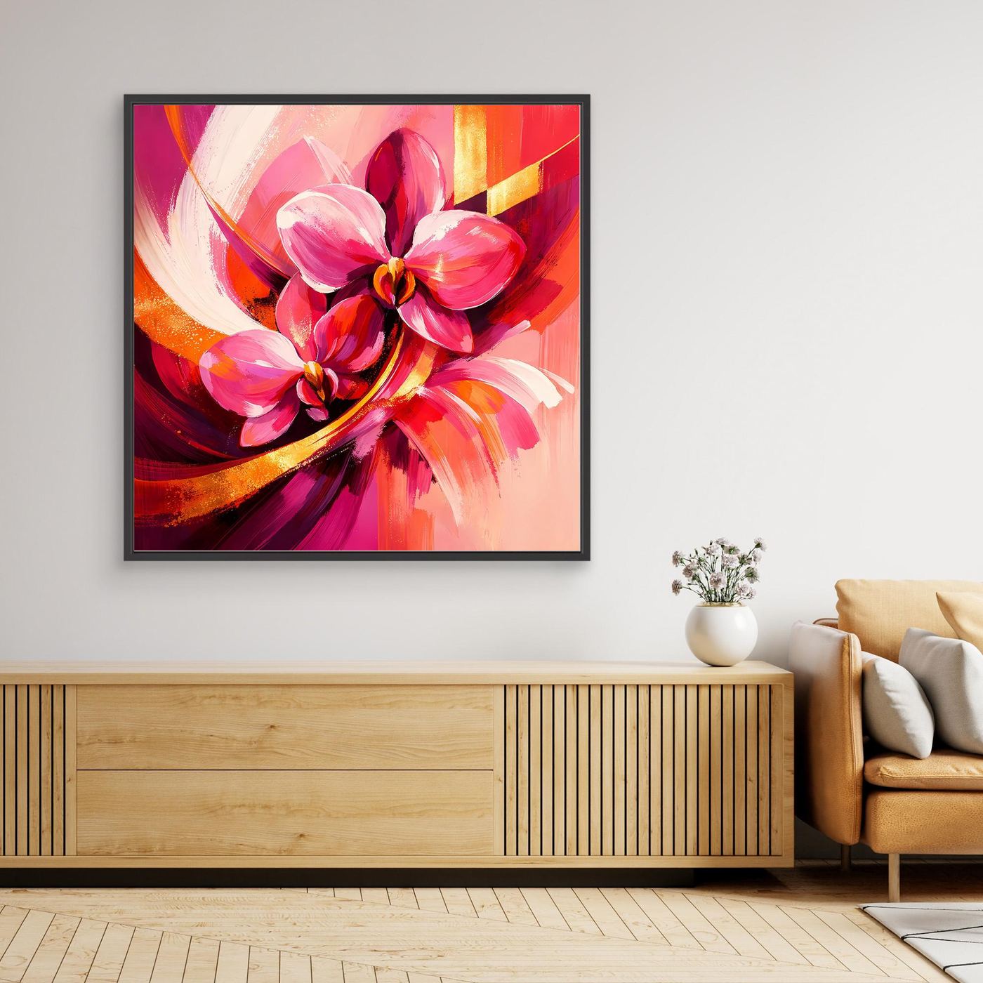 Schwarz gerahmtes Leinwandbild mit abstrakten Orchideen in Pink und Rot, goldene Akzente