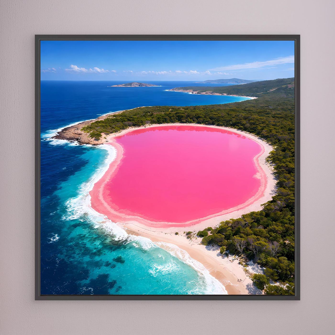 Leinwandbild mit rosa See und türkisfarbener Küste im Hochformat, schwarzer Rahmen