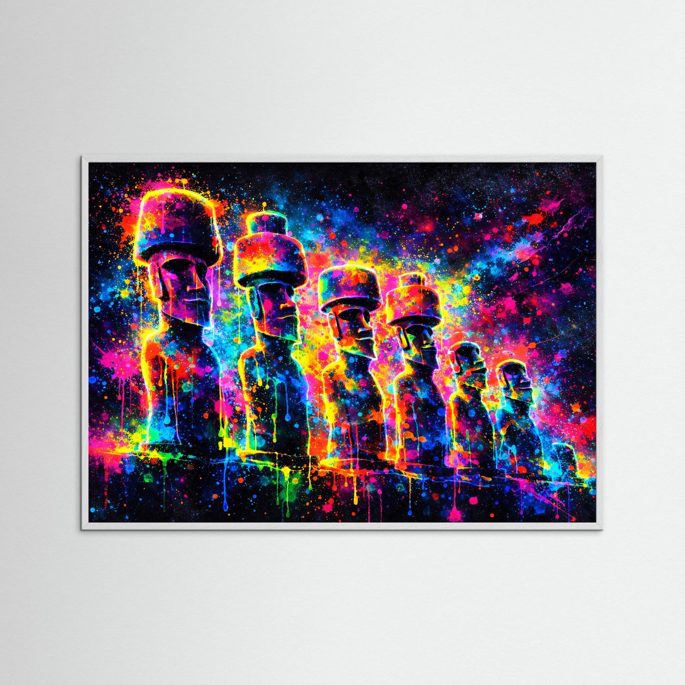 Farbenfrohe Moai Statuen mit Kopfbedeckung | Neon Pop Art & Osterinsel Wandbild Querformat