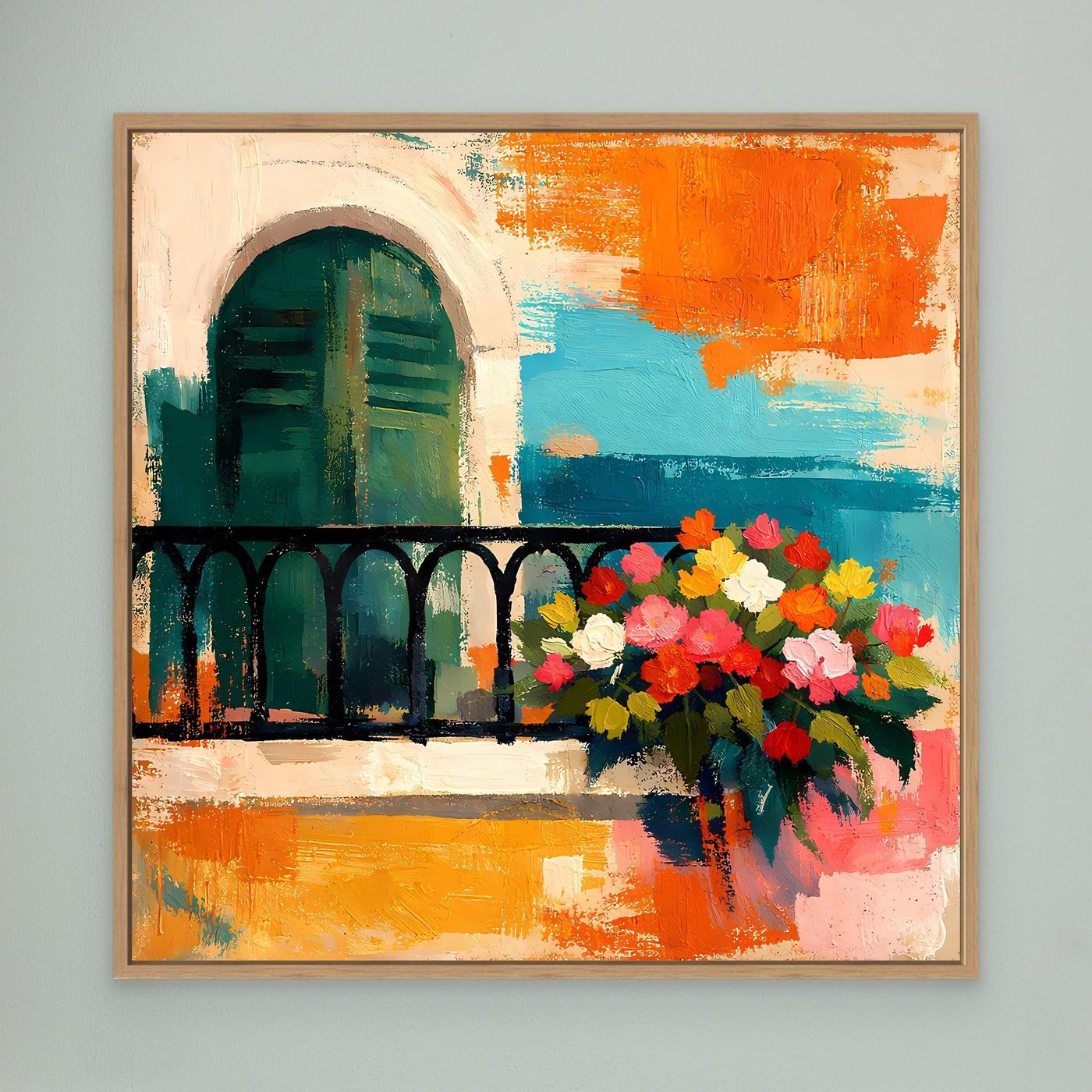 Abstract Mediterranean balcony wall art with bouquet of colorful flowers and arched window, wood frame
