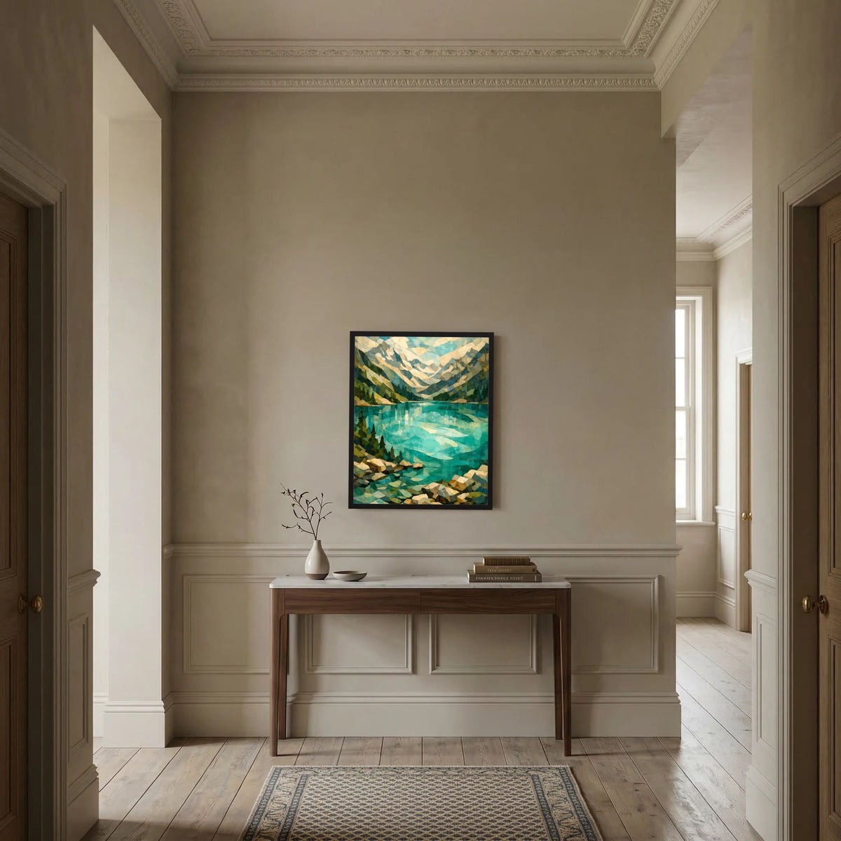 Gerahmtes Kunstposter: türkisfarbener Bergsee mit Spiegelung und Steinlandschaft