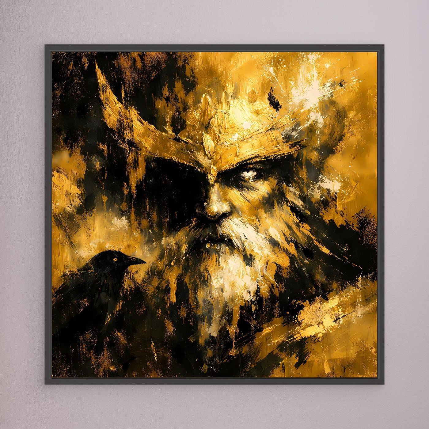 Leinwand Nordischer Gott Odin mit Rabe | Modernes Abstraktes Mythologie Wandbild