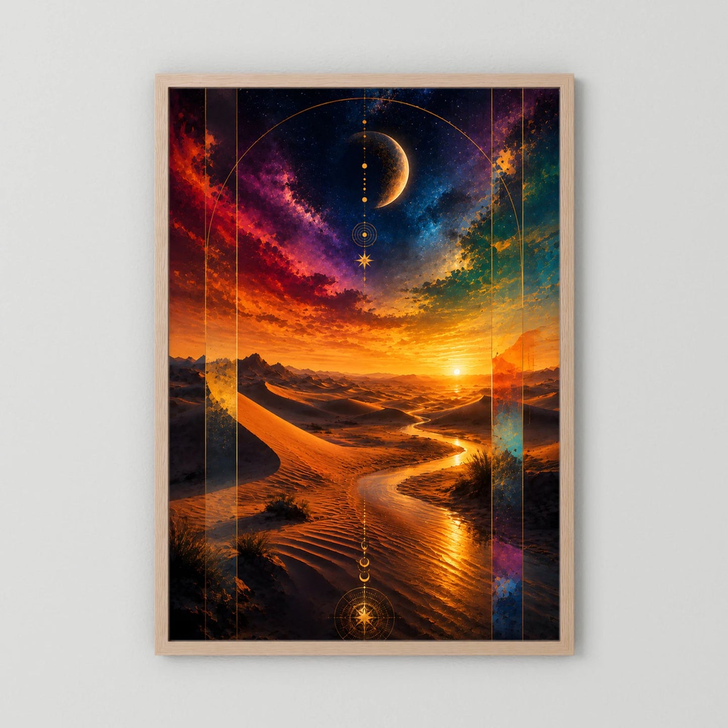Poster Hochformat mit hellem Holzrahmen: kosmische Wüste, goldener Sonnenuntergang, Mond.