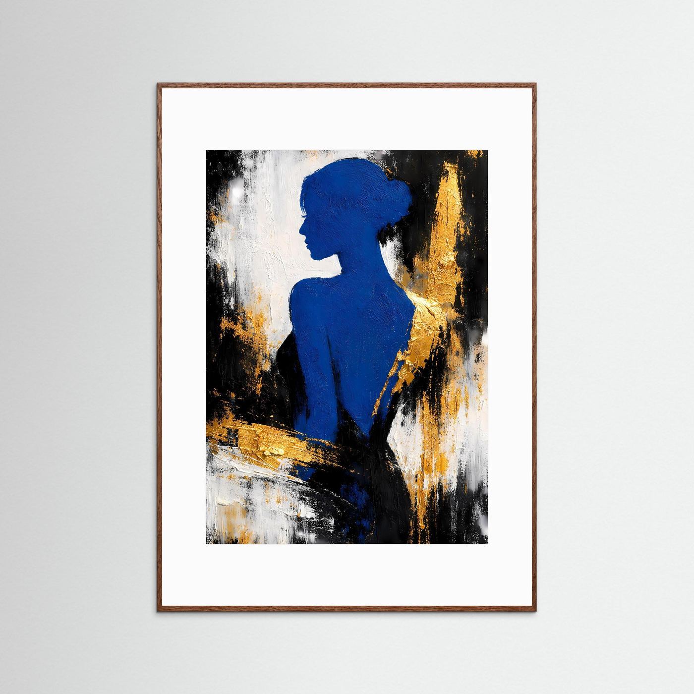 Abstraktes Frauen-Silhouette-Poster: blaues Profil mit Goldakzenten, Hochformat, brauner Holzrahmen