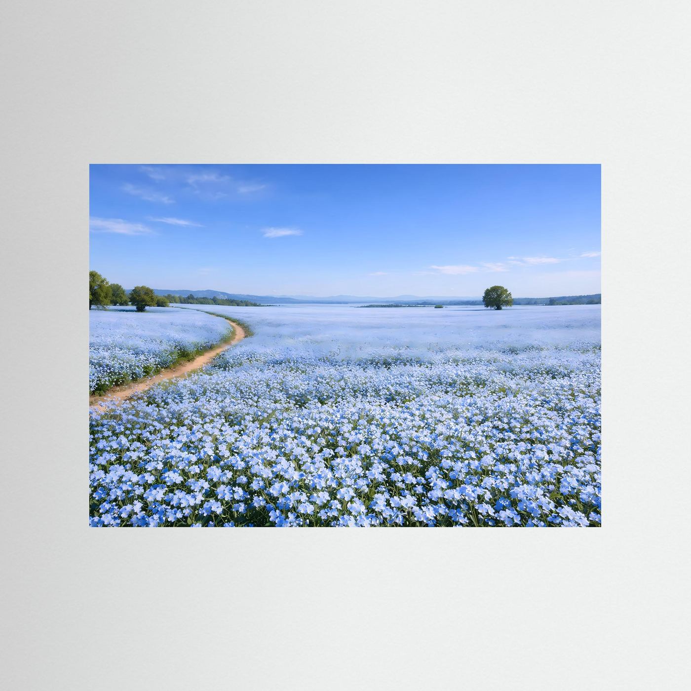 Malerisches Blaues Blumenfeld mit Feldweg | Idyllische Landschaft & Natur Poster Querformat