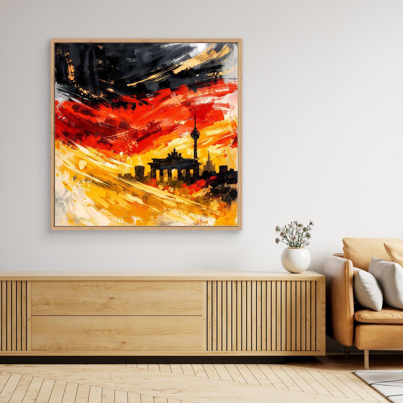 Abstraktes Leinwandbild Skyline, rote und gelbe Pinselstriche, schwarzer Turm im Holzrahmen