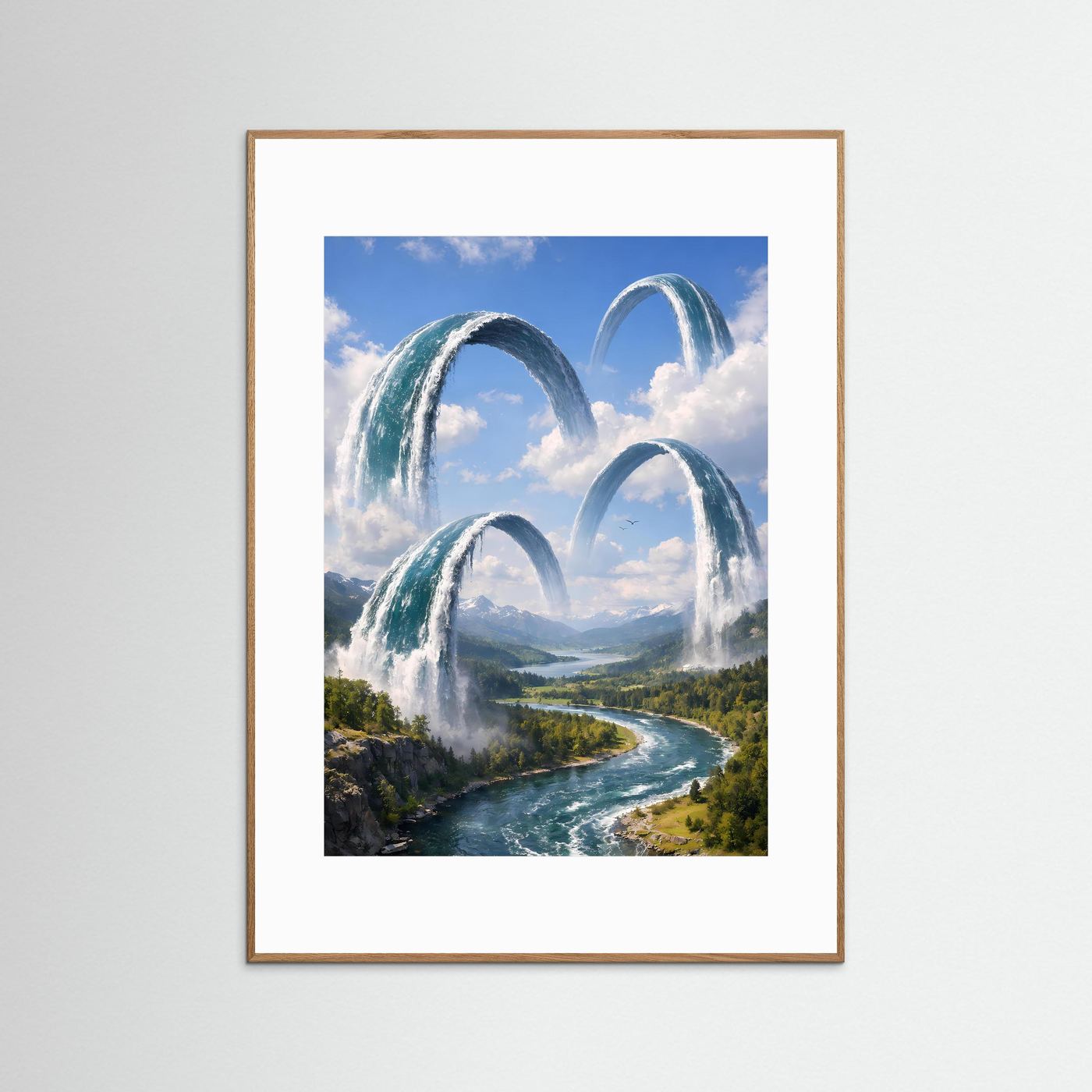 Kunstposter (Hochformat) mit Wasserbögen über Fluss- und Berglandschaft, hellbrauner Rahmen